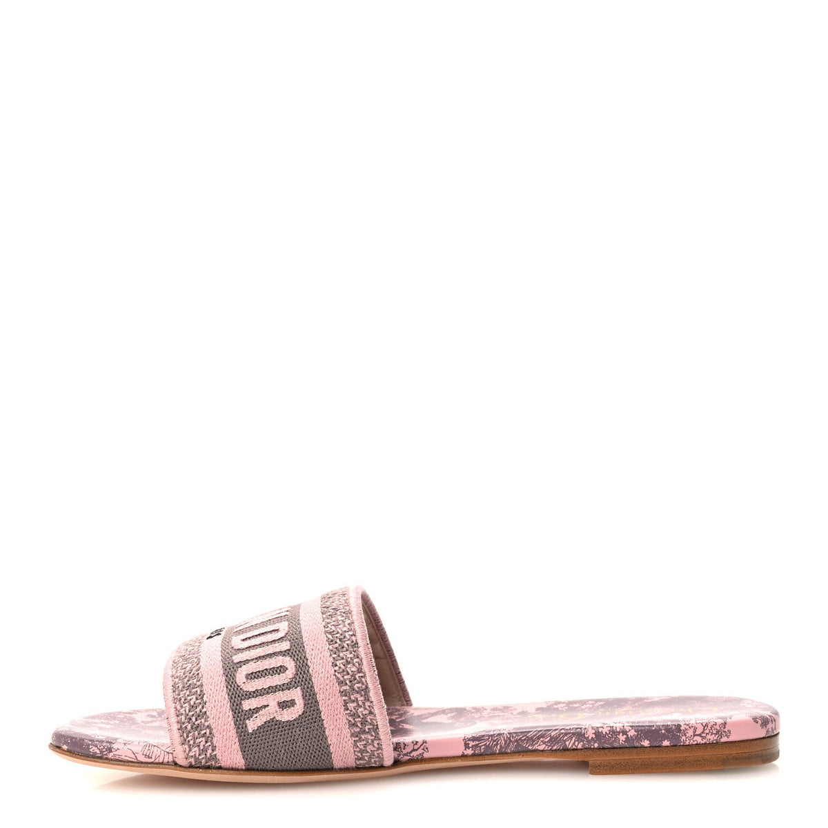 Canvas Toile De Jouy Embroidered Dway Flat Slide Sandals Chateau Rose