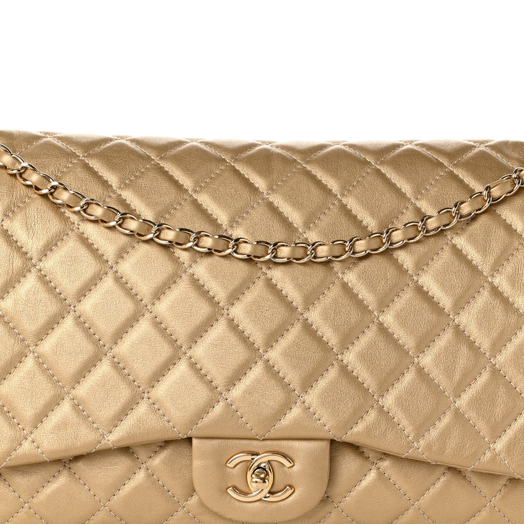 Chanel Metallic Calfskin Quilted Small XXL Travel Flap Bag Gold