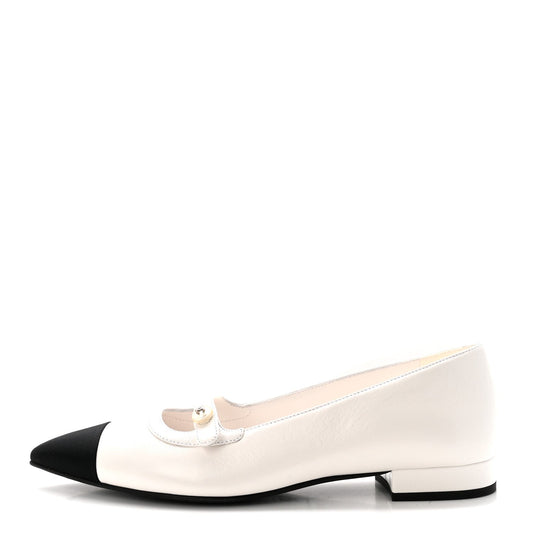 Shiny Lambskin Grosgrain Pearl Mary Janes Flats White Black