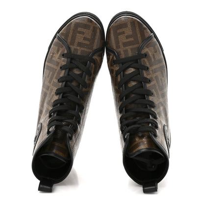 Fendi Coated Canvas FF 1974 Women's High Top Sneakers 37.5 Mogano Panna Black