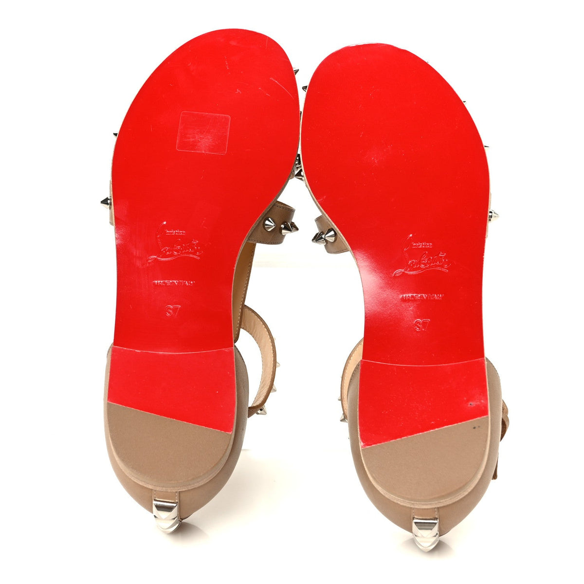 Christian Louboutin Calfskin Women's Loubiclou Studded Cage Flat Sandals 37 Beige
