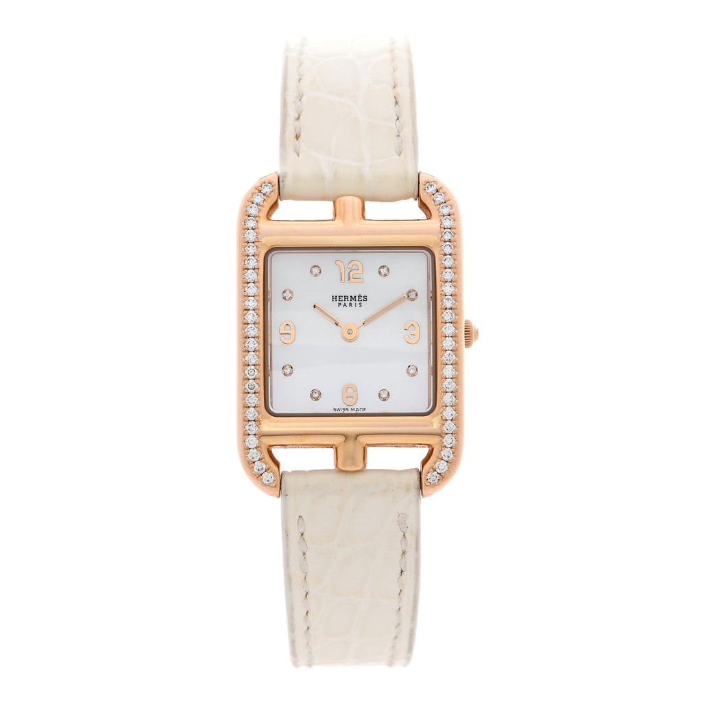 Hermes 18K Yellow Gold Alligator 23mm Cape Cod Quartz Watch Craie