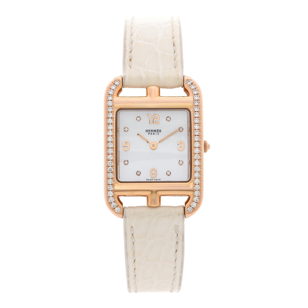 Hermes 18K Yellow Gold Alligator 23mm Cape Cod Quartz Watch Craie