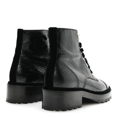 Chanel Shiny Calfskin Velvet Women's Combat Short Boots 37.5 Black