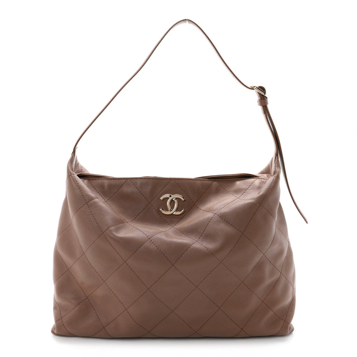 Maxi Quilted Lambskin Hobo Bag - Brown