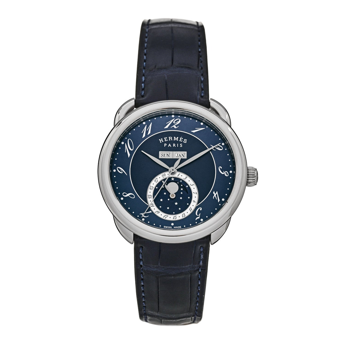 Hermes Stainless Steel Alligator 43mm Arceau Grande Lune Automatic Watch Bleu Abysse