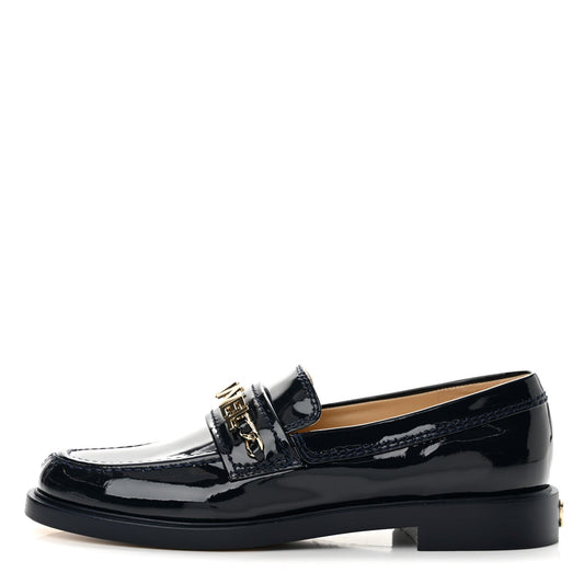 Shiny Calfskin Logo Loafers Navy Blue