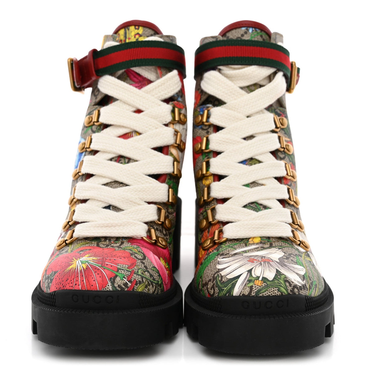 Gucci GG Supreme Monogram Flora Women's Lace Up Combat Ankle Boots 36 Beige Multicolor Red