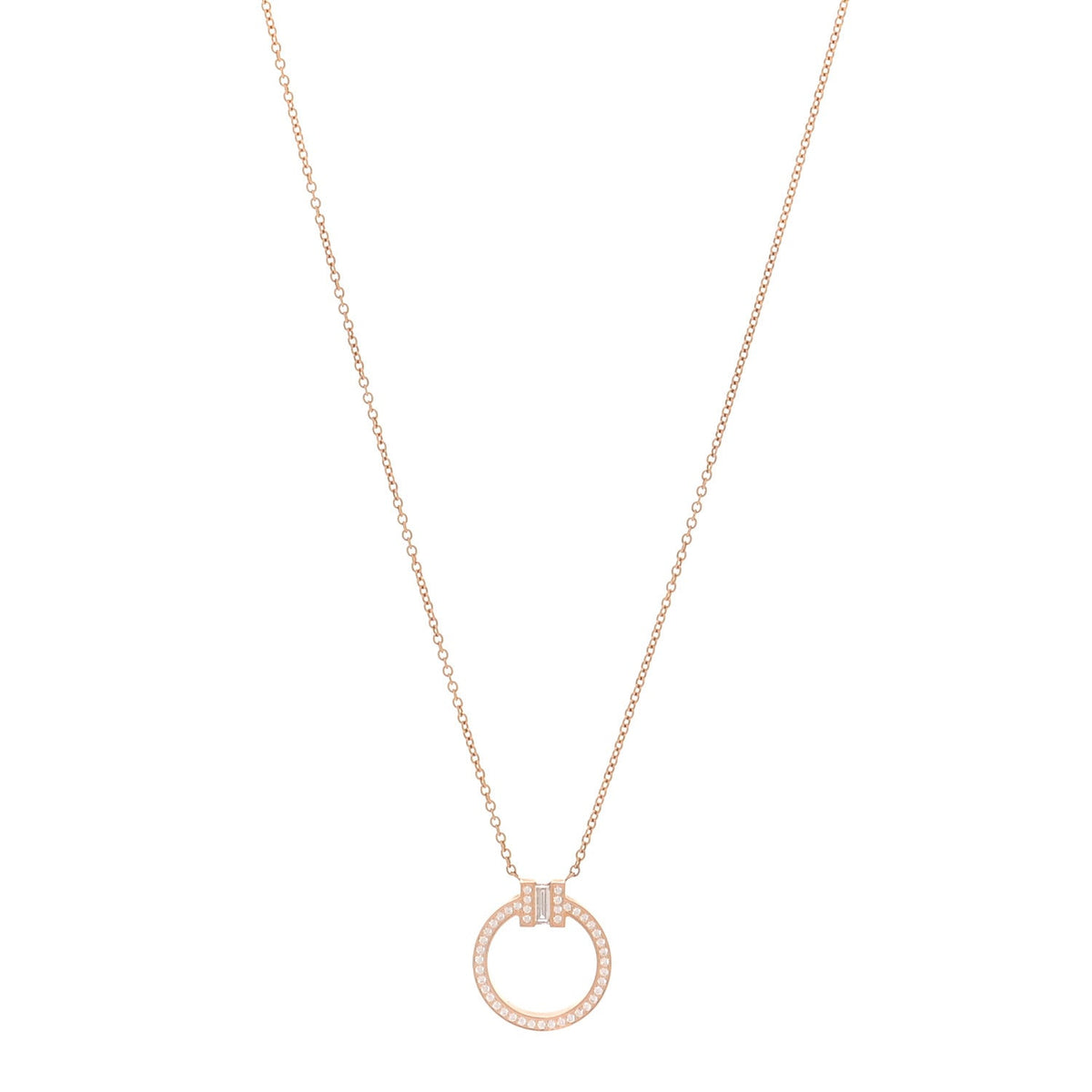 18K Rose Gold Diamond T Baguette Pave Pendant Necklace