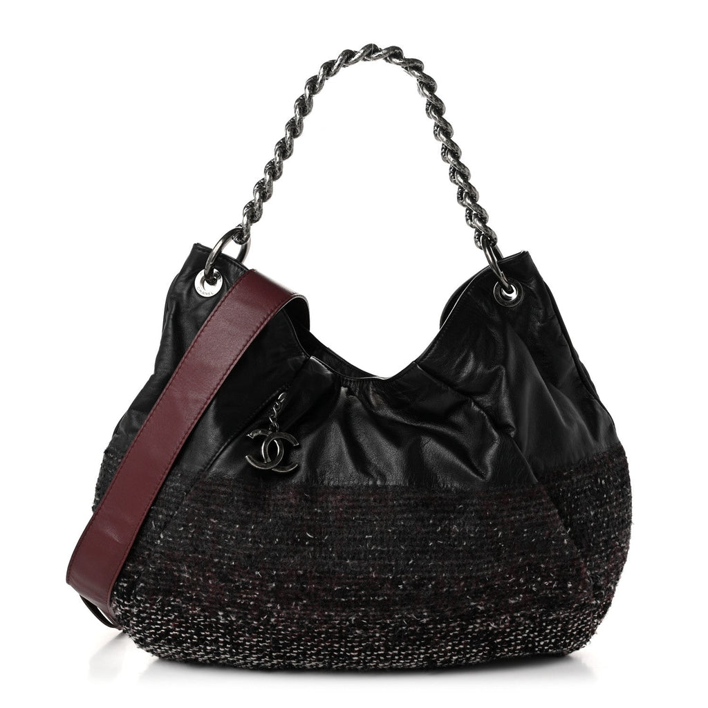 Chanel Calfskin Tweed Coco Pleats Hobo Bag Black Burgundy