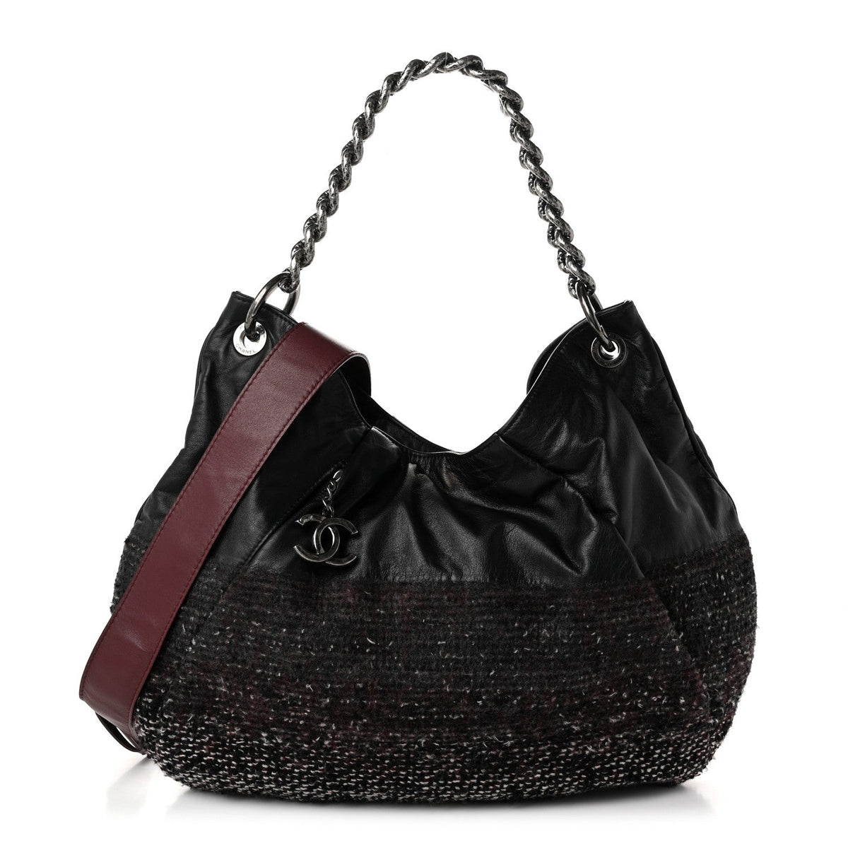 Chanel Calfskin Tweed Coco Pleats Hobo Bag Black Burgundy