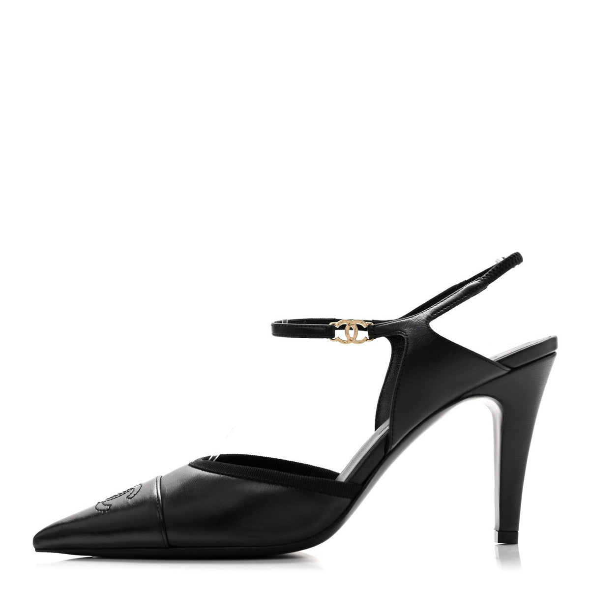 Lambskin Pointed Cap Toe CC Slingback Pumps Black