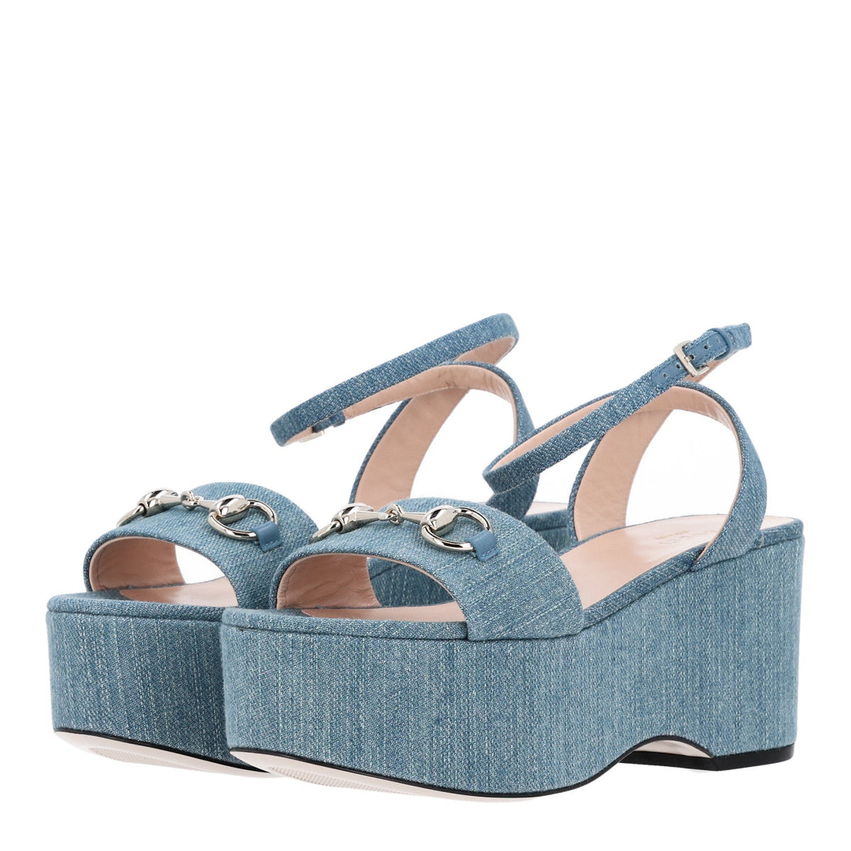 Gucci Denim Women's Horsebit Flatform Sandals 36 Old Azure