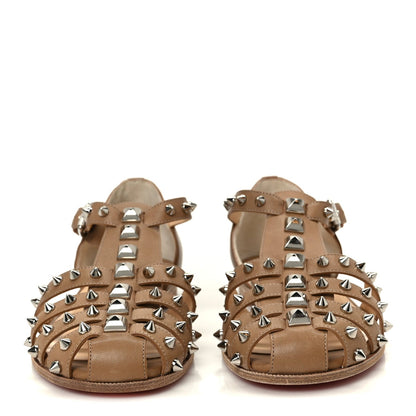 Christian Louboutin Calfskin Women's Loubiclou Studded Cage Flat Sandals 37 Beige