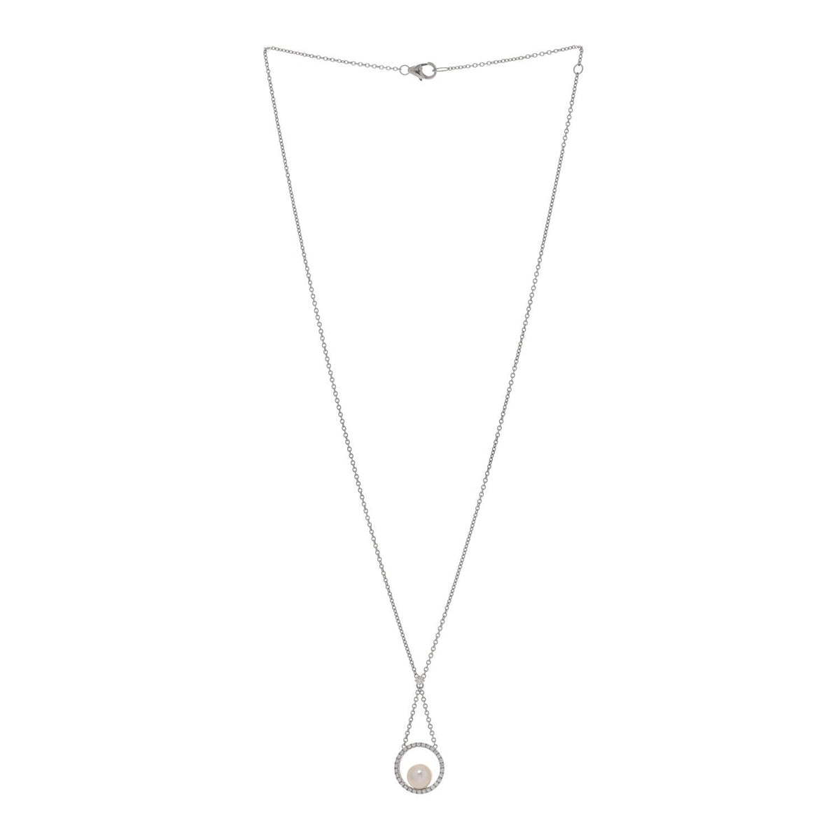 18K White Gold Diamond Akoya Pearl 7mm Circle Pendant Necklace