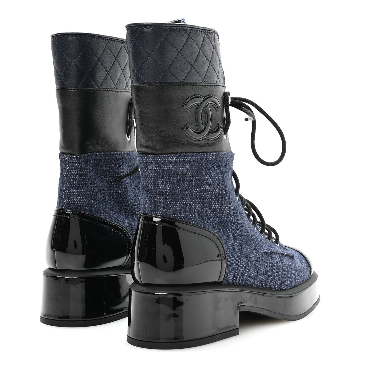 Chanel Fabric Patent Lambskin Women's Quilted CC Lace Up Combat Boots 36.5 Navy Blue Black