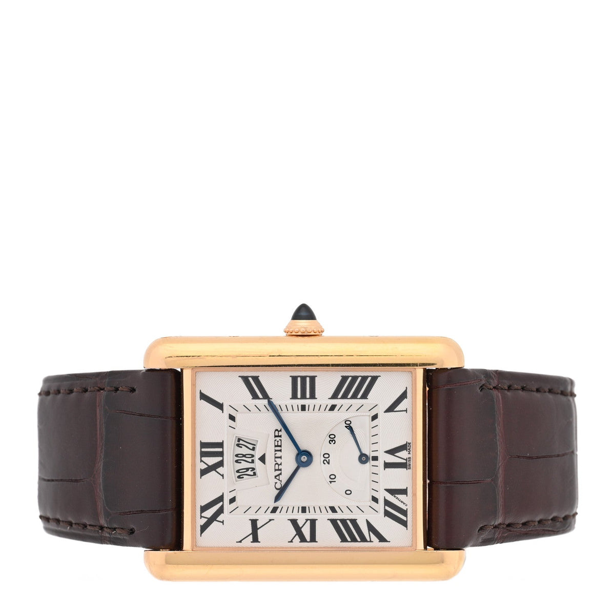 Cartier 18K Pink Gold Alligator 30mm Tank Louis Watch Brown