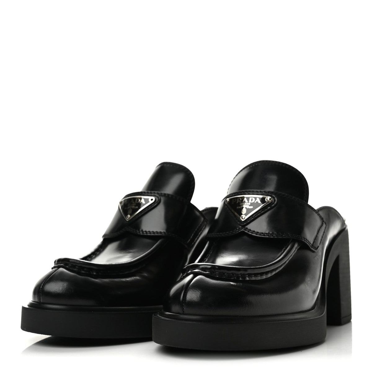 Prada Spazzolato Women's Triangle Logo Platform Loafer Mules 38.5 Black