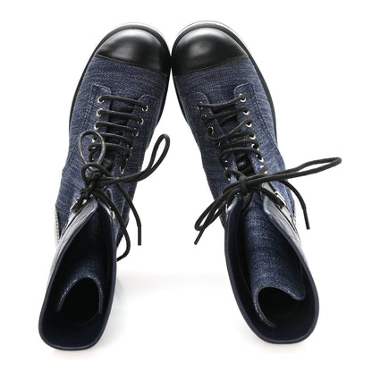 Chanel Fabric Patent Lambskin Women's Quilted CC Lace Up Combat Boots 36.5 Navy Blue Black