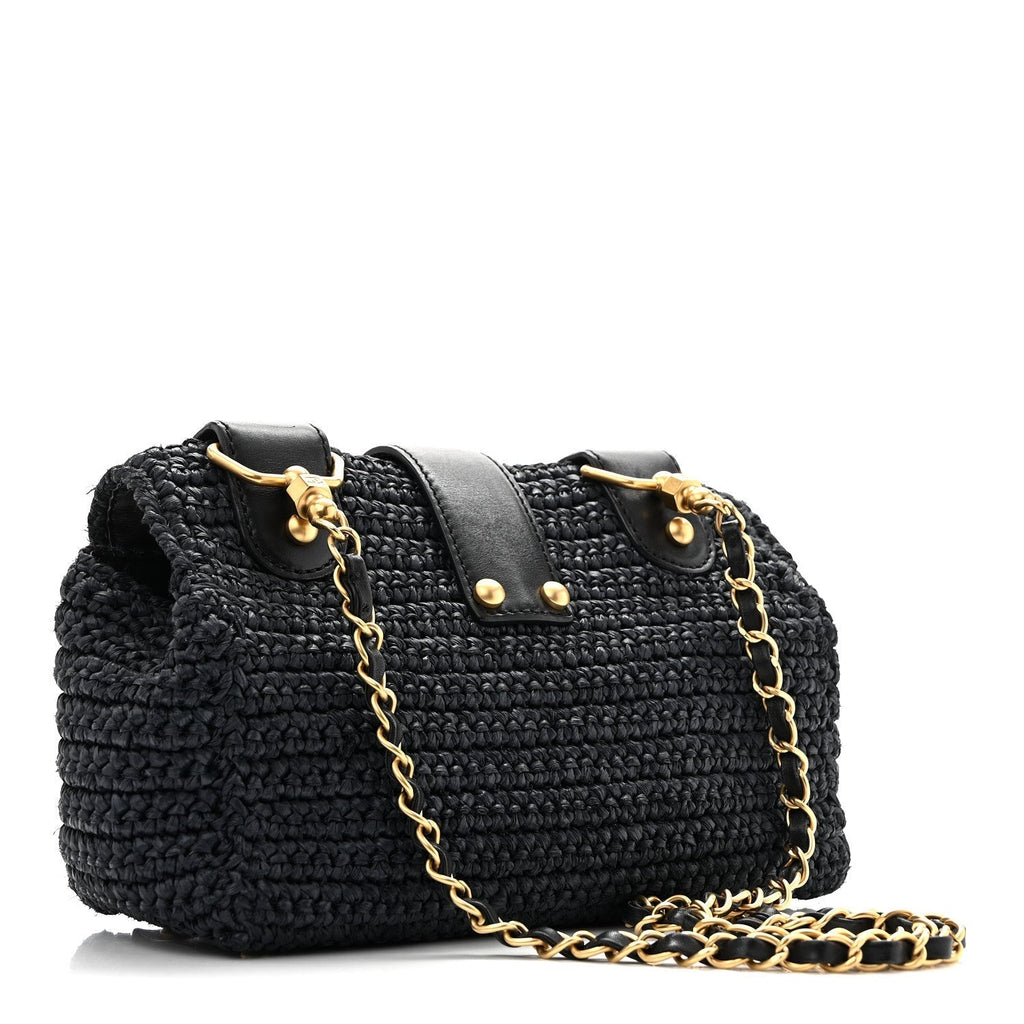 Chanel Straw Raffia Shoulder Bag Navy Blue