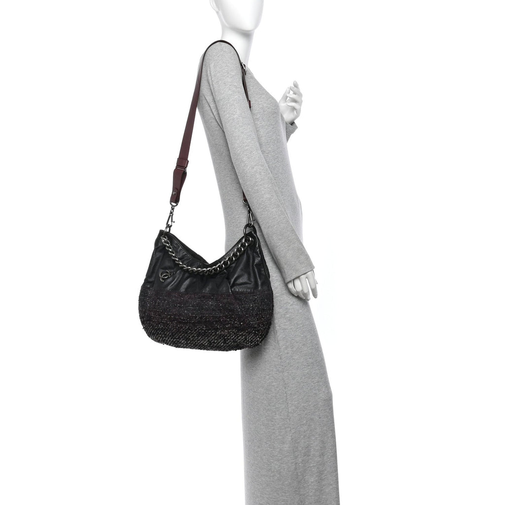 Chanel Calfskin Tweed Coco Pleats Hobo Bag Black Burgundy