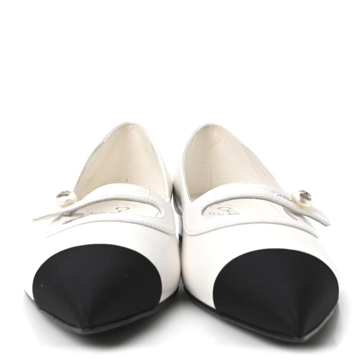 Chanel Lambskin Grosgrain Women's Pearl Mary Janes Flats 37.5 White Black