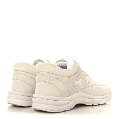 Chanel Suede Calfskin Women's CC Sneakers 37.5 White