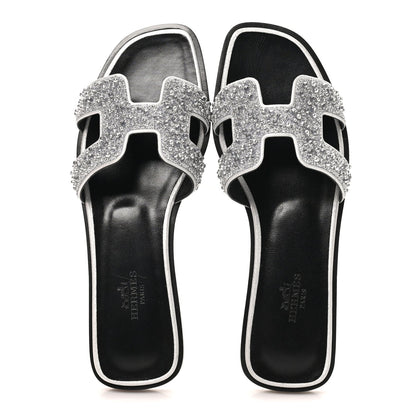 Hermes Velvet Goatskin Crystal Beads Oran Women's Sandals Gris Argente