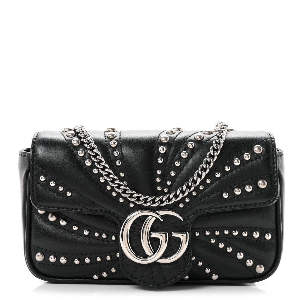 Gucci Calfskin Matelasse Studded Super Mini GG Marmont Shoulder Bag Black