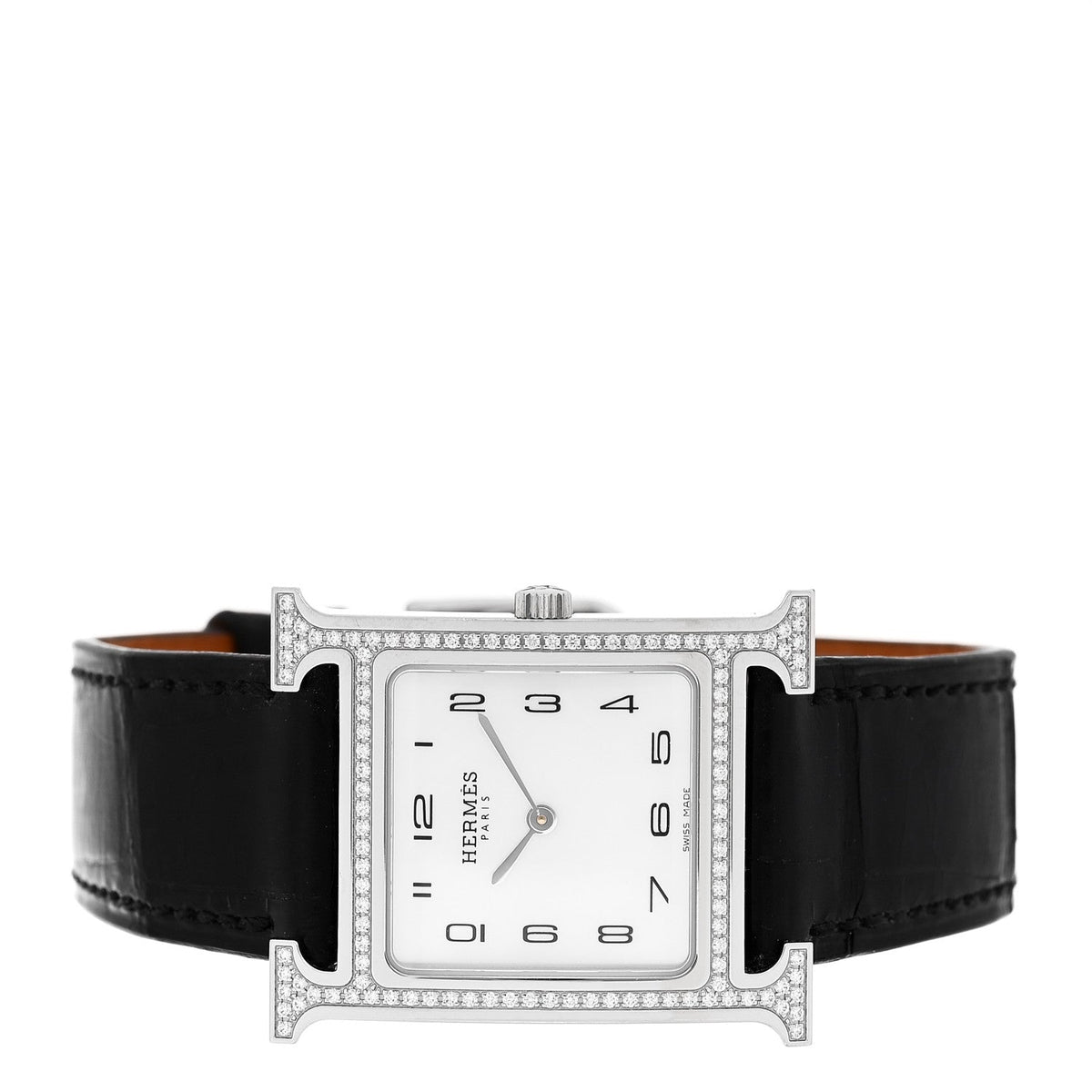 Hermès Stainless Steel Alligator Diamond Mother of Pearl 26mm Heure H Watch Noir