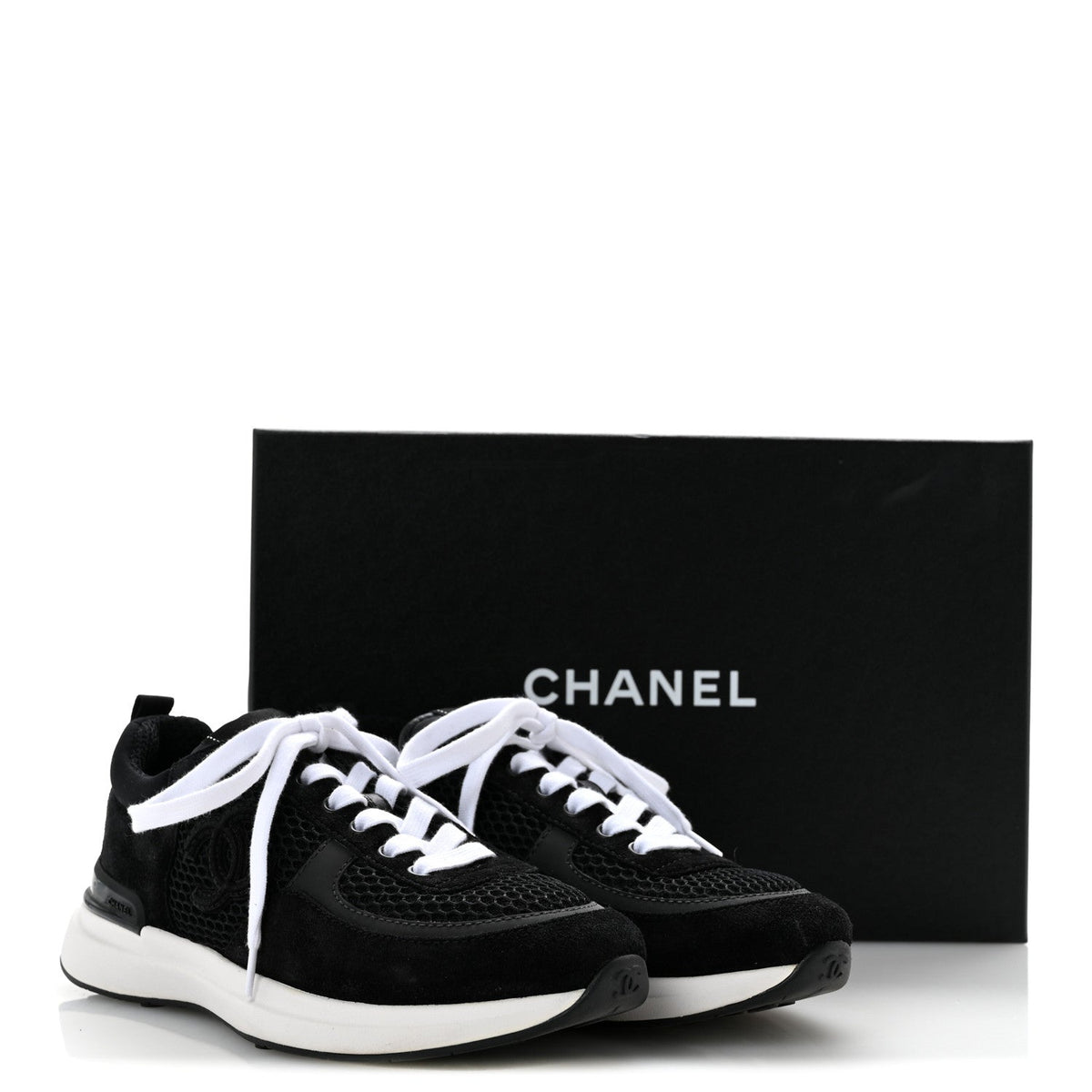 Chanel Calfskin Mesh Lycra Suede Women's Logo Sneakers 36 Black