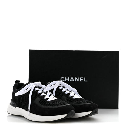 Chanel Calfskin Mesh Lycra Suede Women's Logo Sneakers 36 Black
