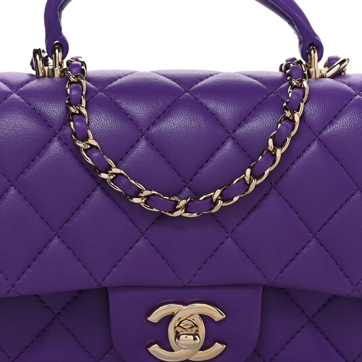 Chanel Lambskin Quilted Mini Top Handle Rectangular Flap Dark Purple