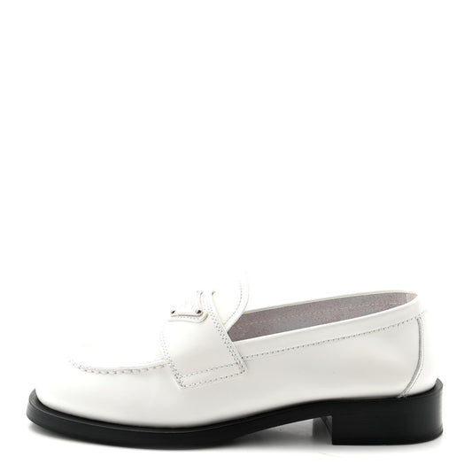Prada Spazzolato Metal Triangle Logo 20mm Women's Loafers White