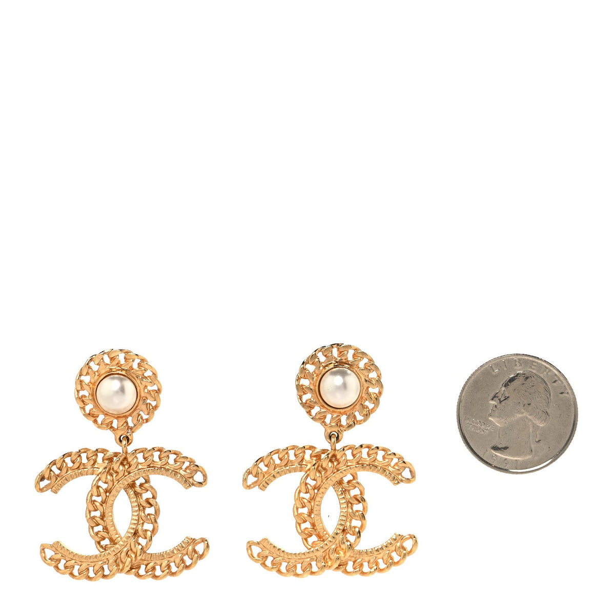 Metal Pearl CC Chain Drop Earrings Gold