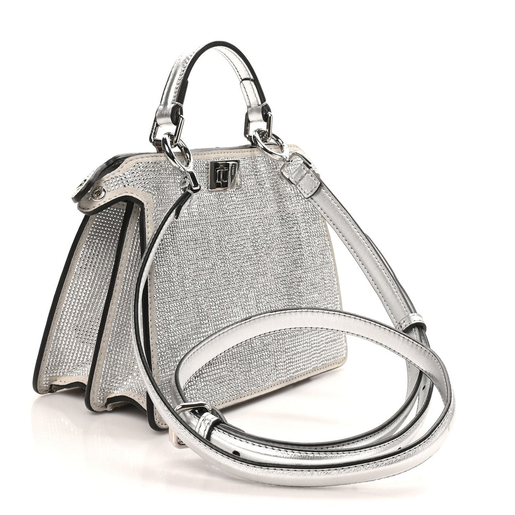 Fendi Crystal Vitello Laminato FF Petite Peekaboo I SEE U Satchel Bag Crystal Argento