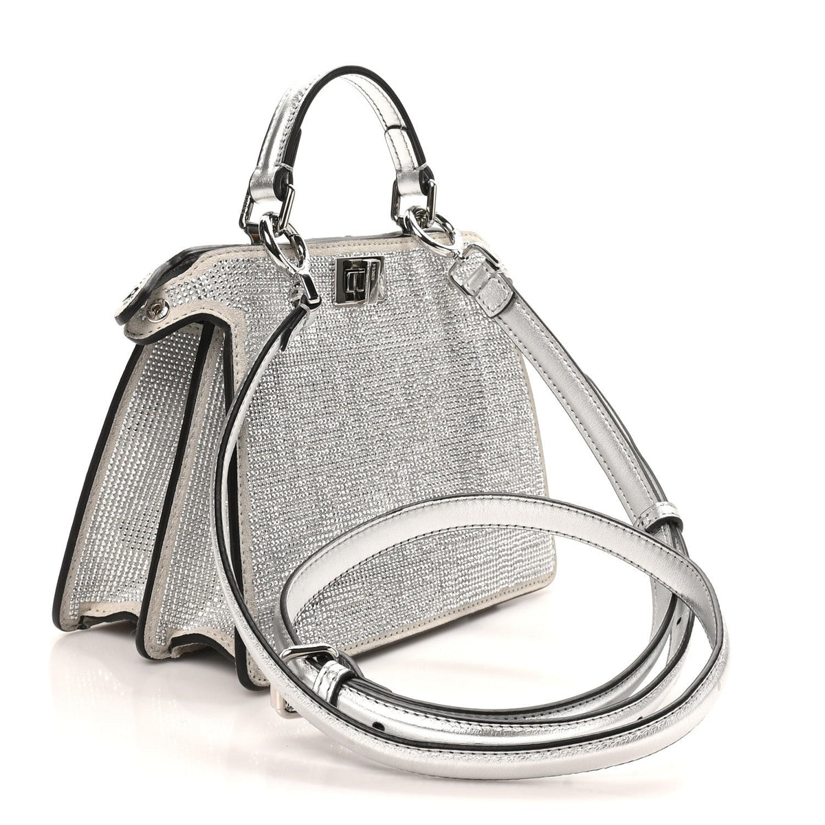 Fendi Crystal Vitello Laminato FF Petite Peekaboo I SEE U Satchel Bag Crystal Argento