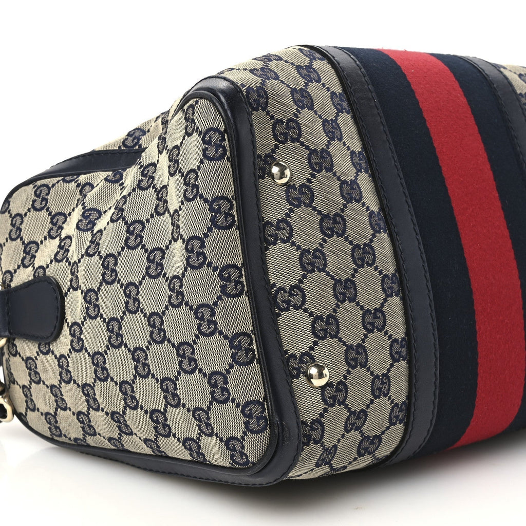 Gucci Monogram Selleria Calfskin Vintage Web Medium Boston Beige Blue