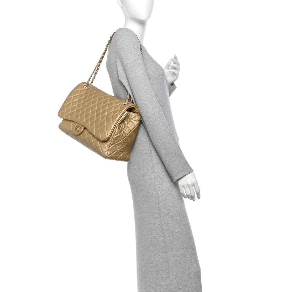 Chanel Metallic Calfskin Quilted Small XXL Travel Flap Bag Gold