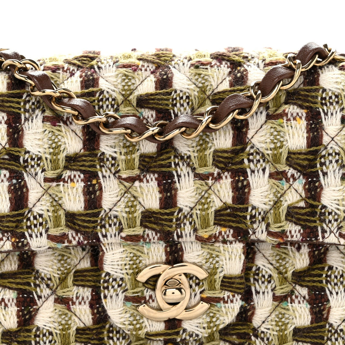 Chanel Tweed Quilted Mini Rectangular Flap Bag Green Brown