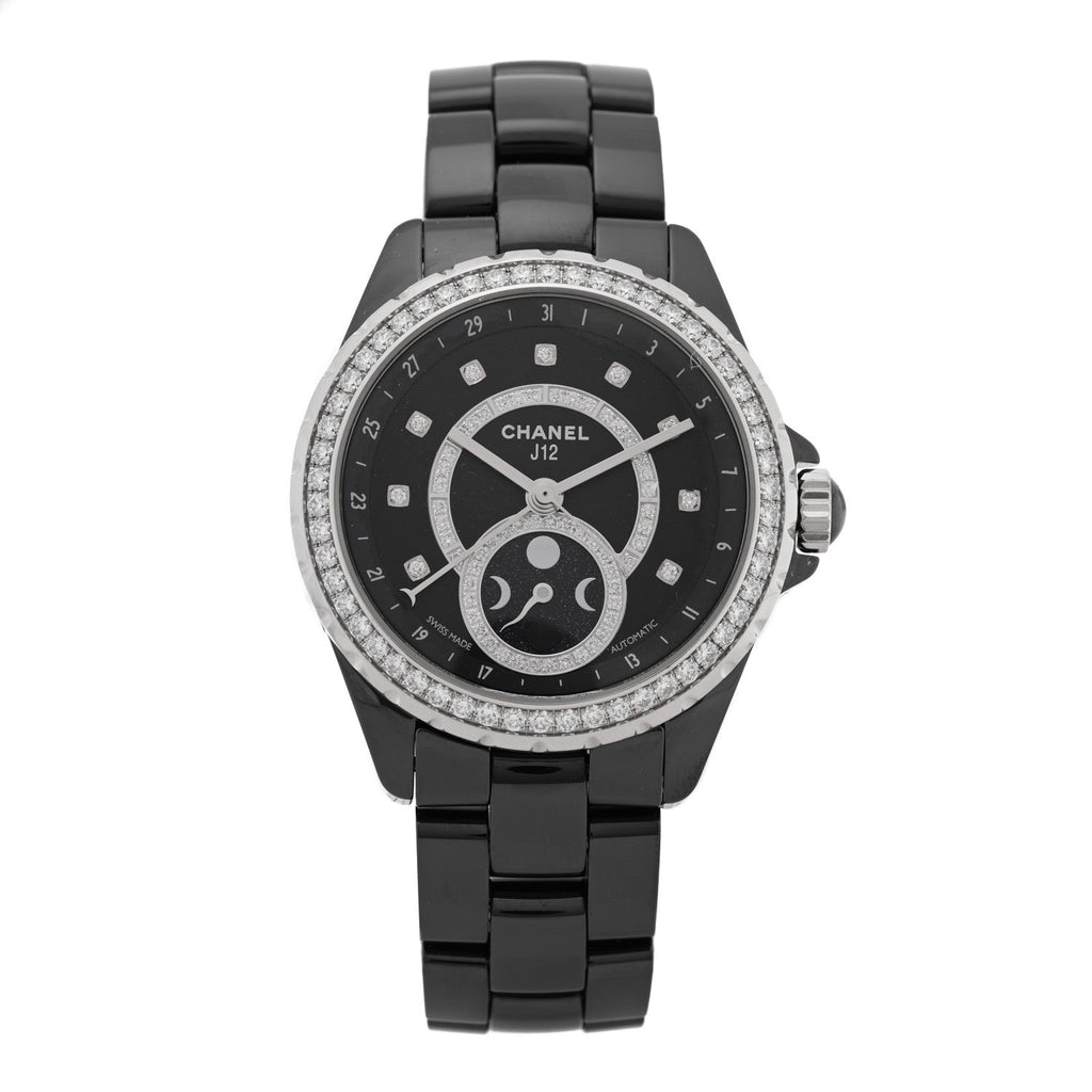 Chanel Stainless Steel Ceramic Diamond 38mm J12 Moonphase Watch Black