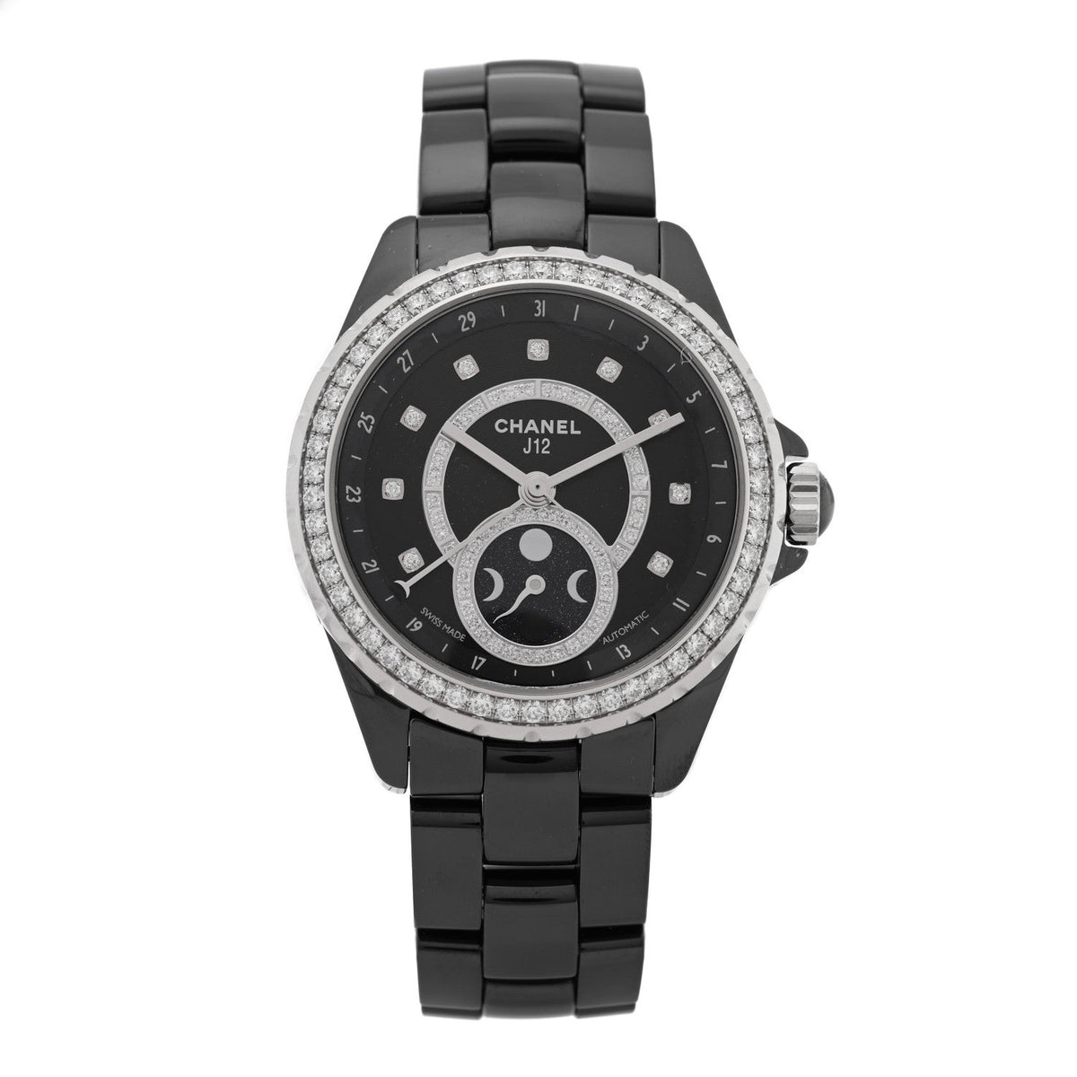 Chanel Stainless Steel Ceramic Diamond 38mm J12 Moonphase Watch Black