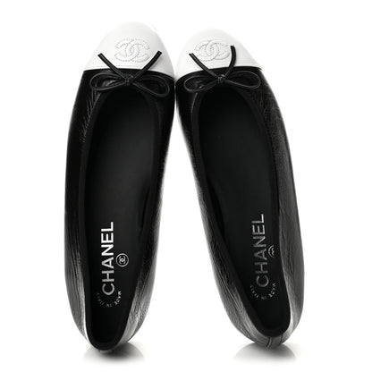 Chanel Crumpled Lambskin CC Cap Toe Women's Ballerina Flats Black White