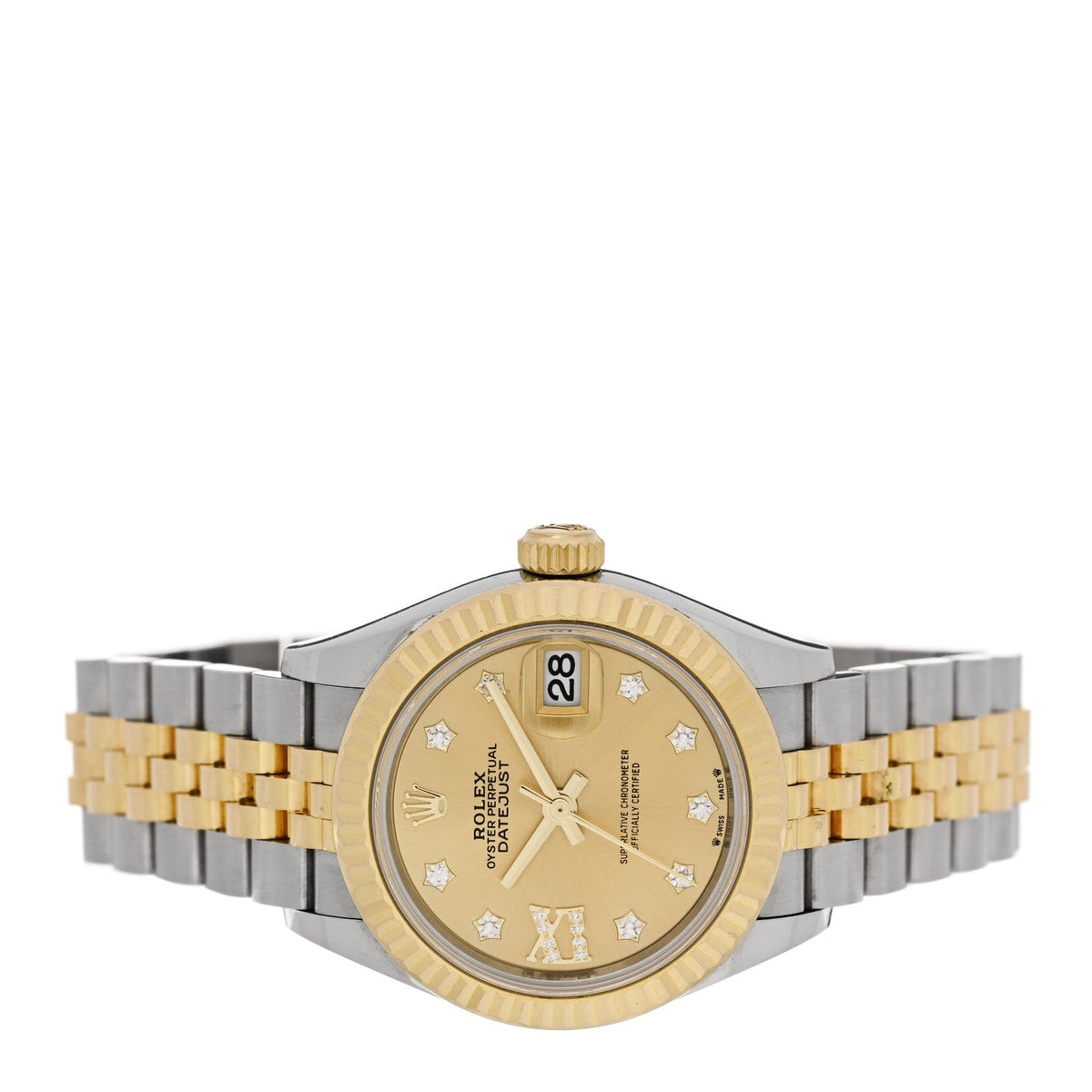 Rolex Stainless Steel 18K Yellow Gold Diamond 28mm Oyster Perpetual Datejust Watch Champagne Star 279173