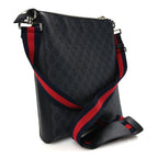 Gucci GG Supreme Calfskin Web Flat Messenger Bag Black Grey