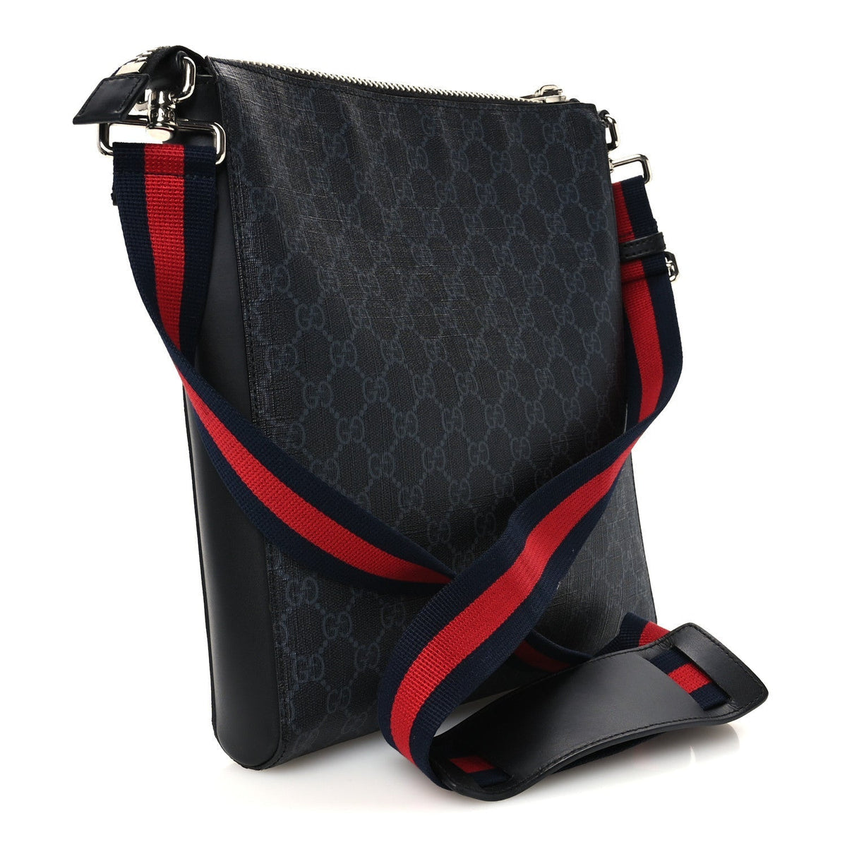 Gucci GG Supreme Calfskin Web Flat Messenger Bag Black Grey