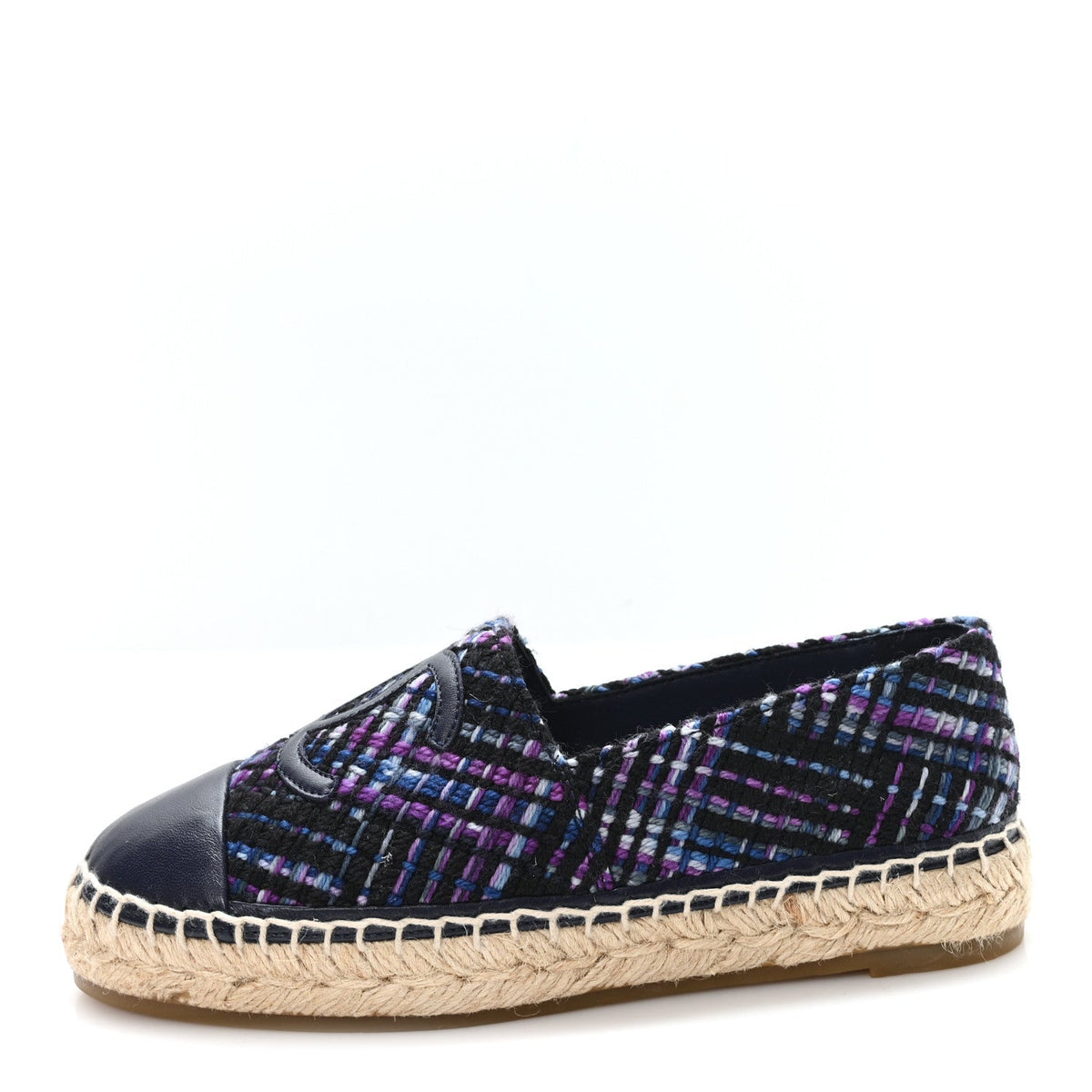 Chanel Tweed Grosgrain Women's CC Espadrilles 35 Purple Black Navy