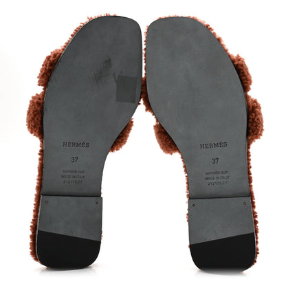 Hermes Woolskin Women's Oran Sandals 37 Cognac