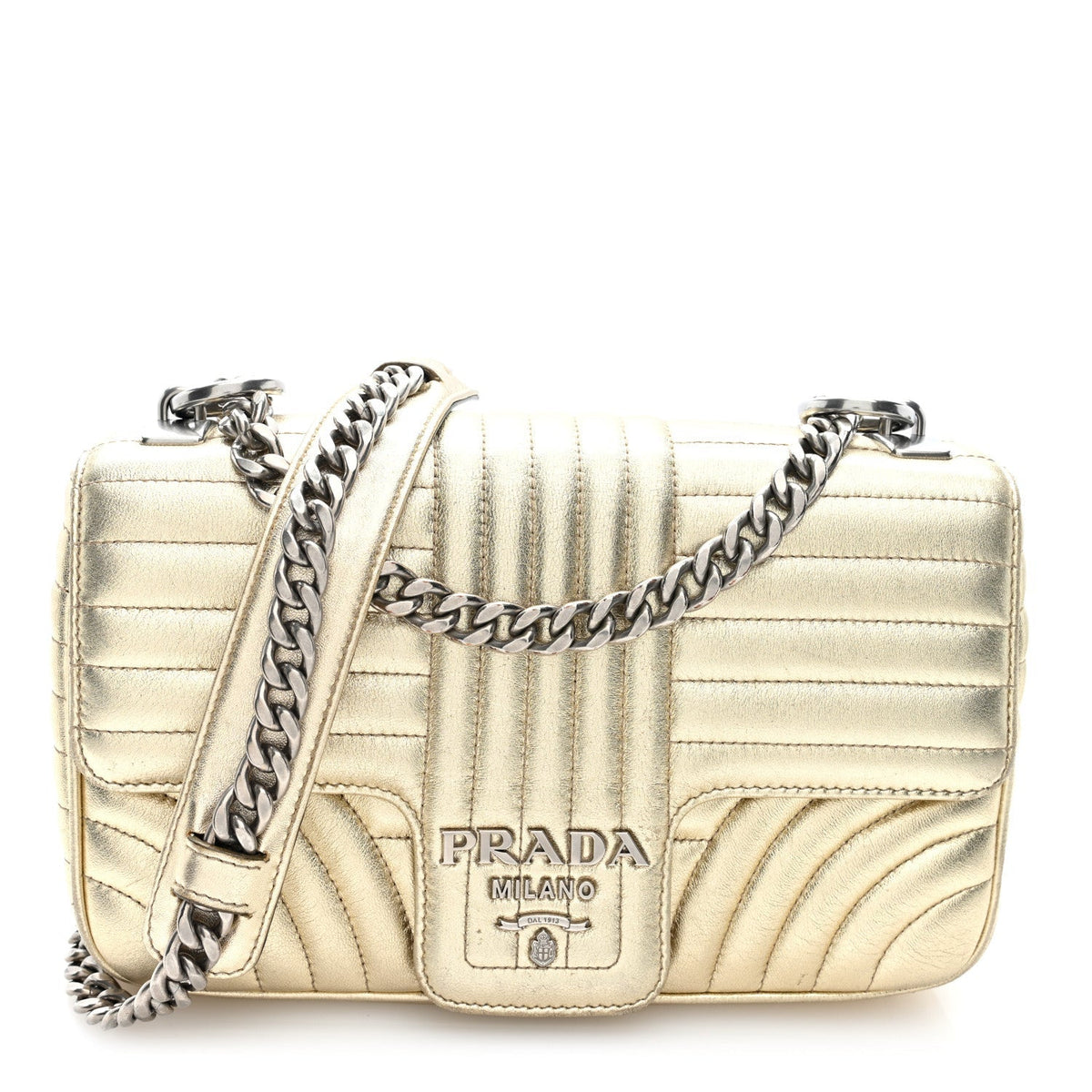 Prada Metallic Nappa Impunture Diagramme Medium Chain Flap Shoulder Bag Gold