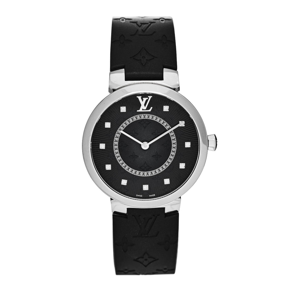 Louis Vuitton Stainless Steel Rubber Diamond 33mm Tambour Slim Quartz Watch Black